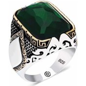 Resim Gümüş Zirkon Yeşil Taşlı Kare Erkek Yüzük (510933662) 