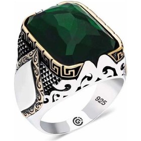 Resim Gümüş Zirkon Yeşil Taşlı Kare Erkek Yüzük (510933662) 