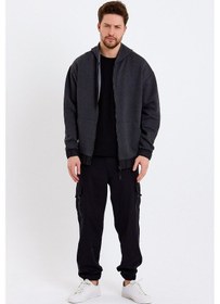 Resim JAHR MARC Koyu Gri Kapüşonlu Oversize Erkek Ceket - XXL Koyu Gri 