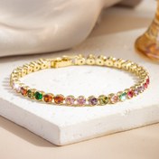 Resim 1 Adet Şık Boho-Tarzı 18K Altın Kaplama Renkli Doğum Taşlı Tenis Bilezik - Hipoalerjenik, Işıltılı Çok Renkli Sentetik Zirkon Taşlar, Günlük Kıyafetler ve Kadınlar için Partiler ile Hediyeler İçin Mükemmel, Tenis Aksesuarları 
