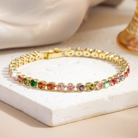 Resim 1 Adet Şık Boho-Tarzı 18K Altın Kaplama Renkli Doğum Taşlı Tenis Bilezik - Hipoalerjenik, Işıltılı Çok Renkli Sentetik Zirkon Taşlar, Günlük Kıyafetler ve Kadınlar için Partiler ile Hediyeler İçin Mükemmel, Tenis Aksesuarları 