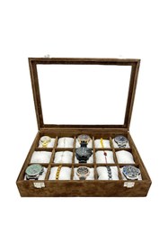 Resim kutuveaksesuar Saat Kutusu Isme Özel Alkantara Kumaş Kaplama 15 Gözlü 