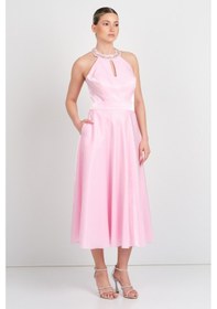 Resim Saygın Kadın Halter Yaka Saten Midi Abiye Elbise 5624 Pembe Pembe 