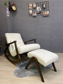 Resim Asedia Ekol Ceviz Teddy Krem Ahşap Sallanan Sandalye Dinlenme Koltuğu 