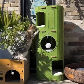 Resim 3 Katlı Kedi Ağacı, Tırmalama Direkleri ve Rahat Keçe Yatağı - Çok Seviyeli Platformlar & Çözülebilir Tasarım, Geniş Havalandırma Delikleri ile İç Mekan Tırmanma ve Dinlenme için 