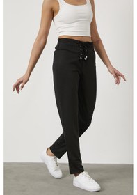 Resim Beli Lastikli Önü İp Detaylı Eşofman Alt - Siyah 