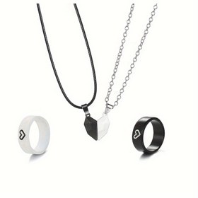 Resim 2 yüzük/2 kolye/2 yüzük + 2 kolye, minimalist Çift takı Şık kalp şeklinde tasarım Siyah ve beyaz En iyi arkadaşın/sevgilinin için mükemmel hediye tam senin gibi ve ben Aksesuarların mükemmel kombinasyonu 