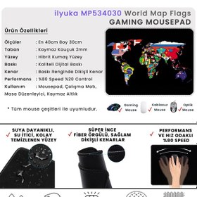Resim İlyuka Mousepad 40x30cm Gaming Oyuncu Mp534030 World Map Flags 