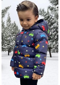 Resim Freemen Erkek Çocuk Polarlı Kapüşonlu Araba Yıldız Ay Desenli Kışlık Şişme Mont & Kaban & Parka Lacivert 