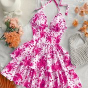 Resim Gevşek Kumaşlı, Off-Shoulder Tasarımlı, Müzik Festivali ve Tatil İçin Hafif Mavi ve Beyaz Gelin Elbisesi ile Seksi Su Boyası Gül Baskılı Yaz Elbisesi - Düğünler, Plajlar, Müzik Festivalleri ve Tatiller İçin Gelin Elbisesi, Festival Kıyafeti 