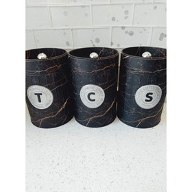 Resim Nf Design Mermer Desenli 3’Lü Metal Yuvarlak Kavanoz - Çay Kahve Şeker Kavanozu Özel Tasarım Tezgah Üstü Kavanoz 