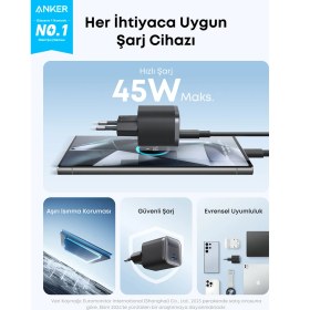 Resim Anker Nano 45W (1,8m Usb-C Kablo Dahil) Şarj Cihazı Siyah - B2692 