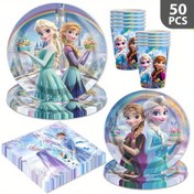 Resim 50 adet Dondurulmuş Masaüstü Seti, Elsa Prenses Doğum Günü Temalı Parti Tek Kullanımlık Tabaklar ve Prenses Akşam Yemeği Tabakları Kombinasyonu. Kağıt Peçeteleri, Tabaklar, Su Bardakları, Festival Etkinliği Süslemeleri, Kamp, Piknik, Parti Bahçesi Barbeküsü, Festival Parti Sahne Süslemeleri için Uygun 