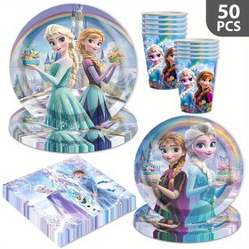 Resim 50 adet Dondurulmuş Masaüstü Seti, Elsa Prenses Doğum Günü Temalı Parti Tek Kullanımlık Tabaklar ve Prenses Akşam Yemeği Tabakları Kombinasyonu. Kağıt Peçeteleri, Tabaklar, Su Bardakları, Festival Etkinliği Süslemeleri, Kamp, Piknik, Parti Bahçesi Barbeküsü, Festival Parti Sahne Süslemeleri için Uygun 