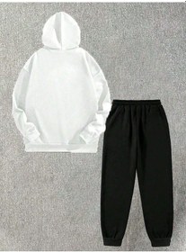 Resim At Baskılı Eşofman Takımı Sweatshirt Jogger - Üst Beyaz Alt Siyah Oversize Şardonlu Kapüşonlu Beyaz-siyah 