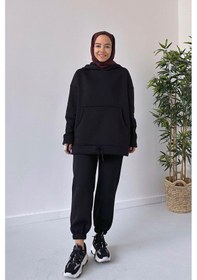 Resim Bileği Lastikli 3 İplik Eşofman Takımı - Siyah Siyah 