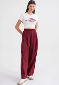 Resim Mixray 4682 Kadın Beli Lastikli Jogger Bol Keten Pantolon Bordo 