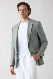 Resim Koyu Yeşil 6 Drop Regular Fit Standart Kesim Mono Yaka Desenli Klasik Keten Karışımlı Ceket - Regular Fit / Koyu Yeşil / 52 