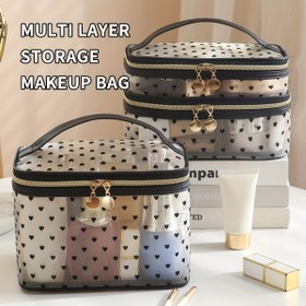 Resim TRAVEL SEASON Vintage Kalp Desenli Çift Katmanlı File Makyaj Çantası - Büyük Kapasiteli Taşınabilir Kozmetik Organizatörü Şeffaf Yanlarla, Seyahat ve Günlük Kullanım için Bej/Siyah Polyester Tuvalet Çantası, Taşınabilir Tuvalet Depolama | Büyüleyici Tuvalet Çantası | Yapılı Sap, Tuvalet Seyahat Çantası 