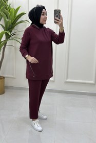 Resim Armine TREND Kapüşon ve Önü Taş Biye Detaylı Tunik ve Pantolon Kadın İkili Takım Bordo ARM 603 
