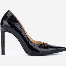 Resim Valmenti Kadın Hakiki Deri Siyah Kroko Stiletto VLM5846 
