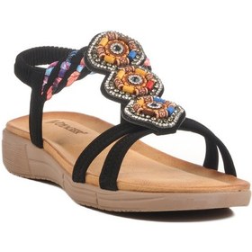 Resim Voyager Siyah Hakiki Deri Kadın Düz Sandalet Çok Renkli 