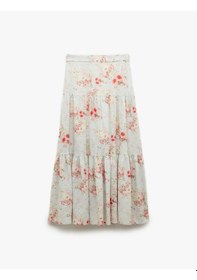 Resim Koton Bol Kalıp Astarlı Keten Karışımlı Uzun Çiçekli Kloş Etek Mavi Desenli 5sak70196ew Mavi Desenli Mavi 