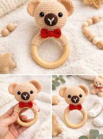 Resim atamergrup Amigurumi Bebek Şıngırak - El Yapımı Organik Oyuncak - Ahşap Halkalı Bebek Oyuncağı 
