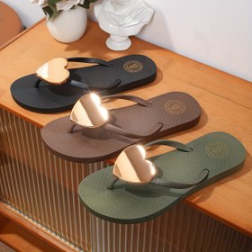 Resim Kadın Modası Kalp Toka Flip-Flap - Altın Ton Tokalarla Rahat PVC Düz Sandaletler, Siyah ve Yeşil Tasarım, Yaz Plaj Tatilleri ve Günlük Giyim için Mükemmel, Plaj Ayakkabıları | Şık Flipflop | Dayanıklı Ayakkabılar 