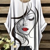 Resim Artı Boyutlu - Artı Boyutlu Kadın Grafik Tişörtü - Şık Siyah ve Beyaz Portre Baskısı, Rahat Yaka Kısa Kollu Tişört, Rahat Polyester Karışımı, Yaz için Mükemmel, Bayan Tişörtleri 