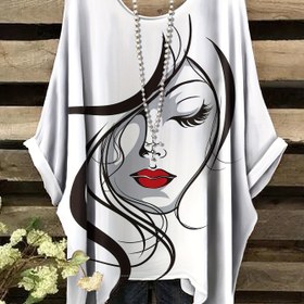 Resim Artı Boyutlu - Artı Boyutlu Kadın Grafik Tişörtü - Şık Siyah ve Beyaz Portre Baskısı, Rahat Yaka Kısa Kollu Tişört, Rahat Polyester Karışımı, Yaz için Mükemmel, Bayan Tişörtleri 