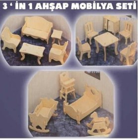 Resim 3'İn 1 Boyanabilir Ahşap Oyuncak Mobilya Seti 75 Pcs Ahşap Maket 
