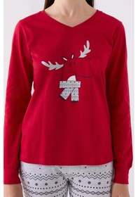 Resim Arnetta 3052 Pamuklu Anne Kız Uzun Kollu Kadın Pijama Takımı Kırmızı Çok Renkli 