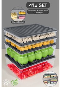 Resim 4'lü Buzdolabı Düzenleyici Organizer Set Saklama Kabı Derin Sığ Mikrodalga Difriz Kabı x l Antrasit 