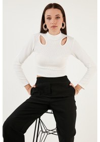 Resim Lela Esnek Slim Fit Cut Out Pencereli Dik Yaka Crop Bayan Bluz 5865348 Beyaz 