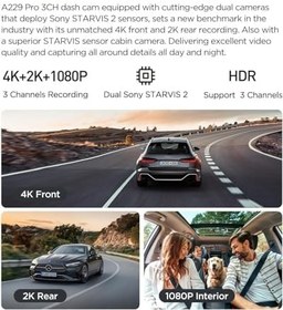 Resim Viofo A229 Pro 3 Kameralı Ön-İç-Arka 4K+2K+1080P HDR Sony Starvis 2 İle Uyumlu WiFi GPS Araç Kamerası 