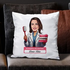 Resim En Başarılı Kadın Diş Doktoru Karikatürlü Yastık 