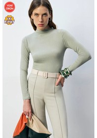Resim Kadın Çıtçıtlı Dik Yaka Uzun Kollu Basic Body Rahat Fit, Yeni Sezon, Kadın Body Mint Yeşil 