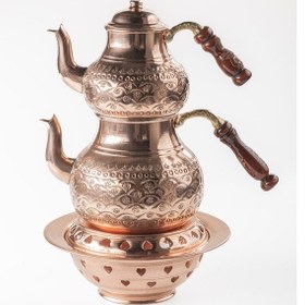 Resim Büyük Boy Gaziantep Bakır Çaydanlık Takımı Ve Balkon Sefası Takımı Çiçek İşlemeli Zımba Detaylı Bakır 