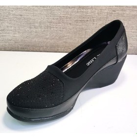 Resim White Line 1630 Kadın Taşlı Paraşüt Kumaş Dolgu Topuklu Ayakkabı Siyah 