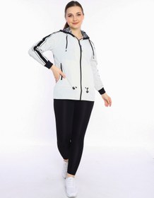 Resim Escetic Ekru Kadın Spor Kapişonlu Su Itici Rüzgarlık Fermuarlu Ince Ceket 6560 
