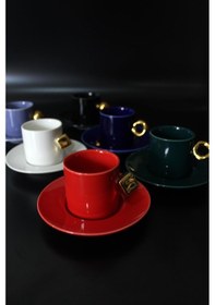 Resim Porselen 6 Kişilik Kahve Fincan Takımı Karışık Renk Tasarım Kulp Tr3134 