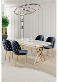Resim Canisa Rigel Serisi 80x130 Lak Panel Beyaz Mermer Desen Masa Takımı Gold Ayaklı 4 Antrasit Sandalye Masa Beyaz Mermer Desen Sandalye Antrasit 