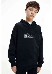 Resim Blue Eyed Cats Baskılı Unisex Çocuk Kapüşonlu Siyah Sweatshirt 