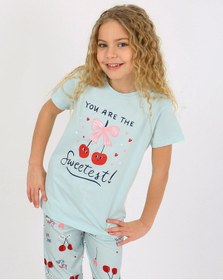 Resim Kız Çocuk Kısa Kollu %100 Pamuklu Pijama Takımı Cherry Mint 