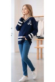 Resim Minimoda Kids Kız Çocuk V Yaka A Nakışlı Çizgi Detaylı Kazak 