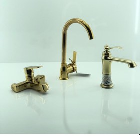 Resim Mutfak Evye Batarya Gold (Altın) Renk 3'lü Set Evye-Lavabo-Banyo 