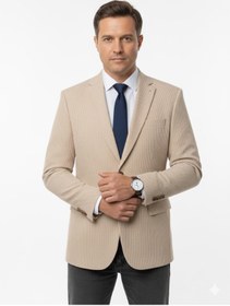 Resim Plus Scorpion Erkek Bej Slim Fit Blazer Ceket - Çizgili Dokulu Kumaş - Çift Düğmeli 