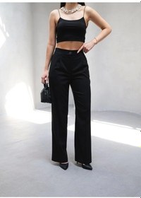 Resim Defymoda Arkasi Lasti Kli Pi Leli Dökümlü Wide Leg Pantolon Siyah 