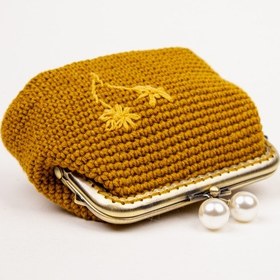 Resim Fabric Craft Bag Kadın Örgü Cüzdan Klipsli, Merserize İplik Çiçek Nakışlı Cüzdan Hardal Sarısı 